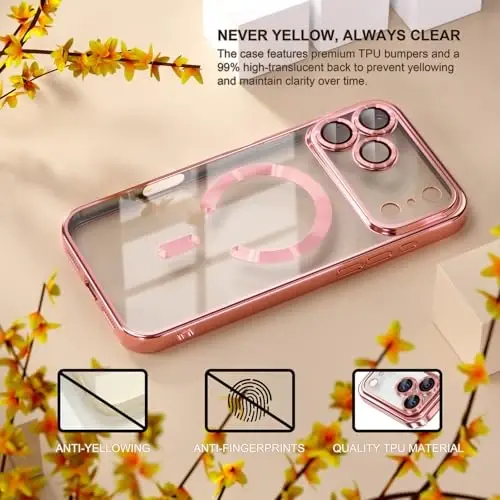 Misea Magnetic for iPhone 17 Pro Case Compatible with MagSafe [Never Yellowing] [Military Grade Drop Protection] Full Camera Lens Protector Plating Soft Clear Phone Case for Women, Pink - 3