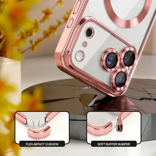 Misea Magnetic for iPhone 17 Pro Case Compatible with MagSafe [Never Yellowing] [Military Grade Drop Protection] Full Camera Lens Protector Plating Soft Clear Phone Case for Women, Pink - 4