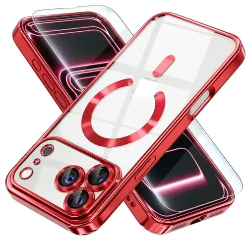 Misea Magnetic for iPhone 17 Pro Case Compatible with MagSafe [Never Yellowing] [Military Grade Drop Protection] Full Camera Lens Protector Plating Soft Clear Phone Case for Women, Red - MISEA