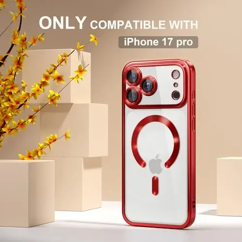 Misea Magnetic for iPhone 17 Pro Case Compatible with MagSafe [Never Yellowing] [Military Grade Drop Protection] Full Camera Lens Protector Plating Soft Clear Phone Case for Women, Red - MISEA (1)