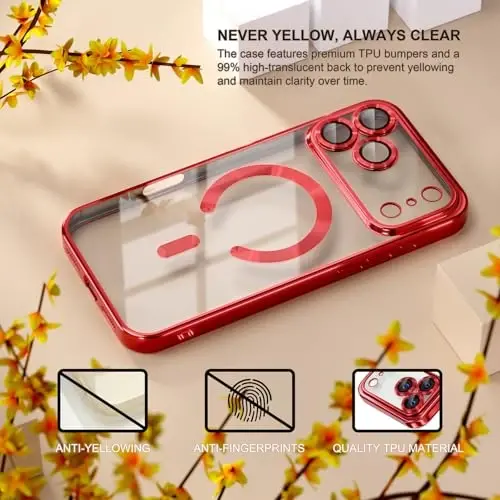 Misea Magnetic for iPhone 17 Pro Case Compatible with MagSafe [Never Yellowing] [Military Grade Drop Protection] Full Camera Lens Protector Plating Soft Clear Phone Case for Women, Red - 3