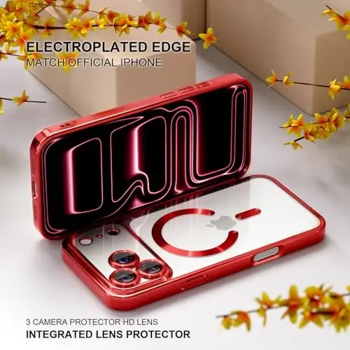 Misea Magnetic for iPhone 17 Pro Case Compatible with MagSafe [Never Yellowing] [Military Grade Drop Protection] Full Camera Lens Protector Plating Soft Clear Phone Case for Women, Red - 6