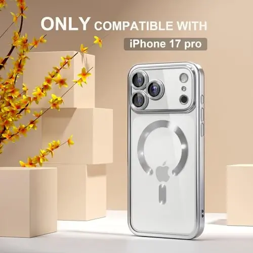 Misea Magnetic for iPhone 17 Pro Case Compatible with MagSafe [Never Yellowing] [Military Grade Drop Protection] Full Camera Lens Protector Plating Soft Clear Phone Case for Women, Silver - MISEA (1)