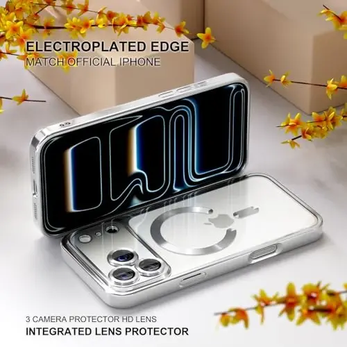 Misea Magnetic for iPhone 17 Pro Case Compatible with MagSafe [Never Yellowing] [Military Grade Drop Protection] Full Camera Lens Protector Plating Soft Clear Phone Case for Women, Silver - 6