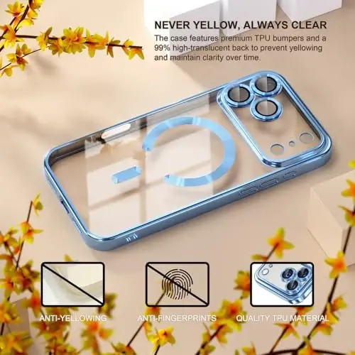 Misea Magnetic for iPhone 17 Pro Case Compatible with MagSafe [Never Yellowing] [Military Grade Drop Protection] Full Camera Lens Protector Plating Soft Clear Phone Case for Women, Sky Blue - 3
