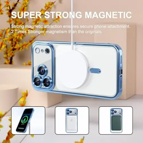Misea Magnetic for iPhone 17 Pro Case Compatible with MagSafe [Never Yellowing] [Military Grade Drop Protection] Full Camera Lens Protector Plating Soft Clear Phone Case for Women, Sky Blue - 5