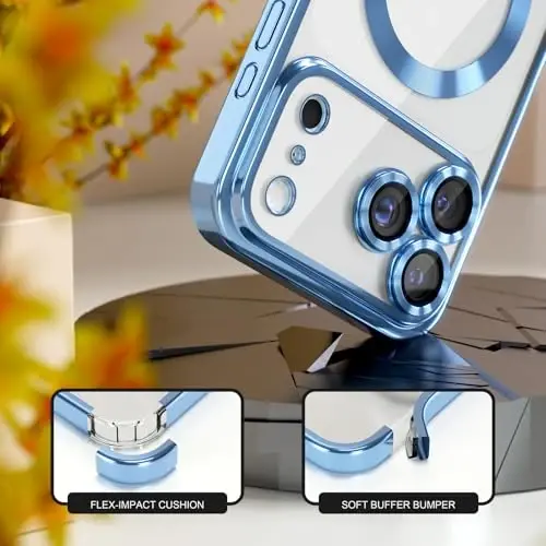 Misea Magnetic for iPhone 17 Pro Case Compatible with MagSafe [Never Yellowing] [Military Grade Drop Protection] Full Camera Lens Protector Plating Soft Clear Phone Case for Women, Sky Blue - 4