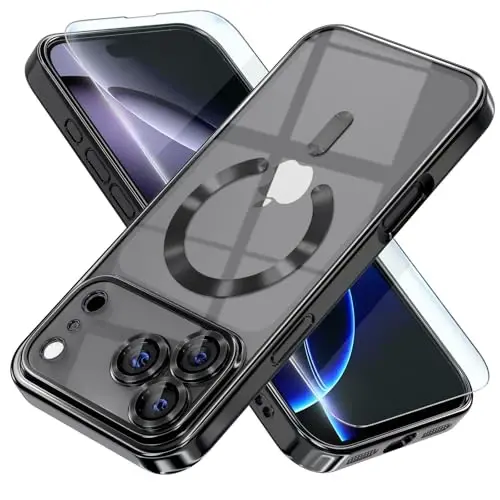 Misea Magnetic for iPhone 17 Pro Max Case Compatible with MagSafe [Never Yellowing] [Military Grade Drop Protection] Full Camera Lens Protector Plating Soft Clear Phone Case for Women, Black 