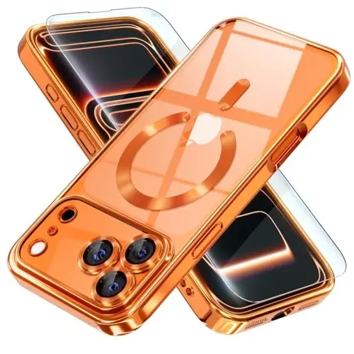 Misea Magnetic for iPhone 17 Pro Max Case Compatible with MagSafe [Never Yellowing] [Military Grade Drop Protection] Full Camera Lens Protector Plating Soft Clear Phone Case for Women, Cosmic Orange 