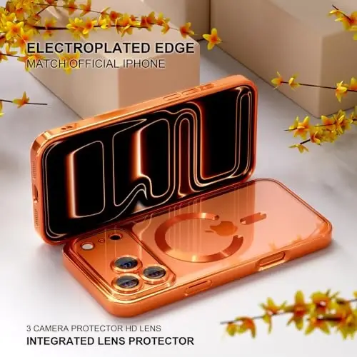 Misea Magnetic for iPhone 17 Pro Max Case Compatible MagSafe Orange | Never Yellowing, Military Drop Protection, Full Camera Lens Protector Plating Soft Clear Phone Case Women, Cosmic Orange 