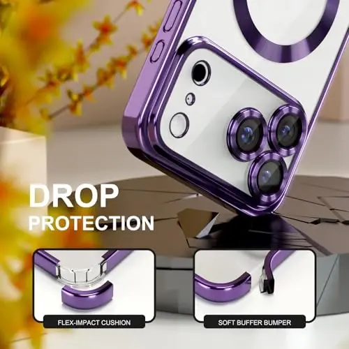 Misea Magnetic for iPhone 17 Pro Max Case Compatible with MagSafe [Never Yellowing] [Military Grade Drop Protection] Full Camera Lens Protector Plating Soft Clear Phone Case for Women, Deep Purple - 4