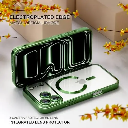 Misea Magnetic for iPhone 17 Pro Max Case Compatible with MagSafe [Never Yellowing] [Military Grade Drop Protection] Full Camera Lens Protector Plating Soft Clear Phone Case for Women, Green - 6