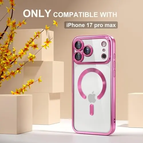 Misea Magnetic for iPhone 17 Pro Max Case Compatible with MagSafe [Never Yellowing] [Military Grade Drop Protection] Full Camera Lens Protector Plating Soft Clear Phone Case for Women, Hot Pink - 2