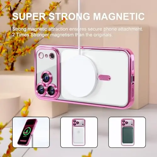 Misea Magnetic for iPhone 17 Pro Max Case Compatible with MagSafe [Never Yellowing] [Military Grade Drop Protection] Full Camera Lens Protector Plating Soft Clear Phone Case for Women, Hot Pink - 5