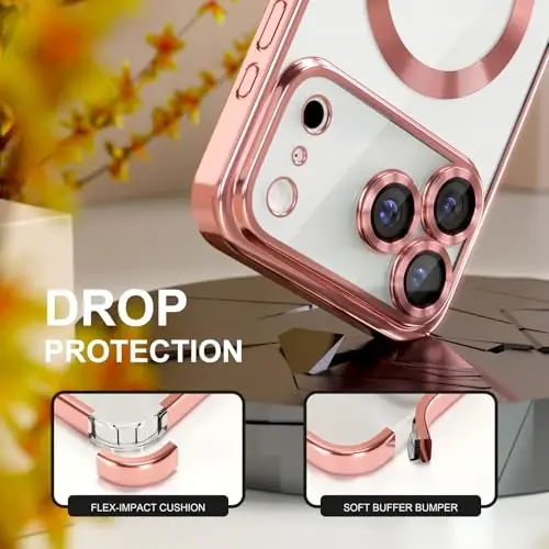 Misea Magnetic for iPhone 17 Pro Max Case Compatible with MagSafe [Never Yellowing] [Military Grade Drop Protection] Full Camera Lens Protector Plating Soft Clear Phone Case for Women, Pink - 4