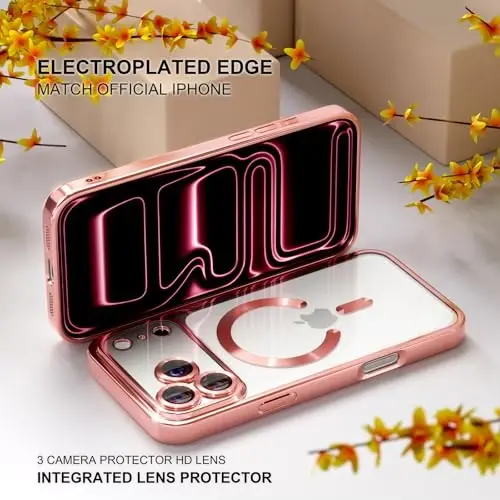 Misea Magnetic for iPhone 17 Pro Max Case Compatible with MagSafe [Never Yellowing] [Military Grade Drop Protection] Full Camera Lens Protector Plating Soft Clear Phone Case for Women, Pink - 6