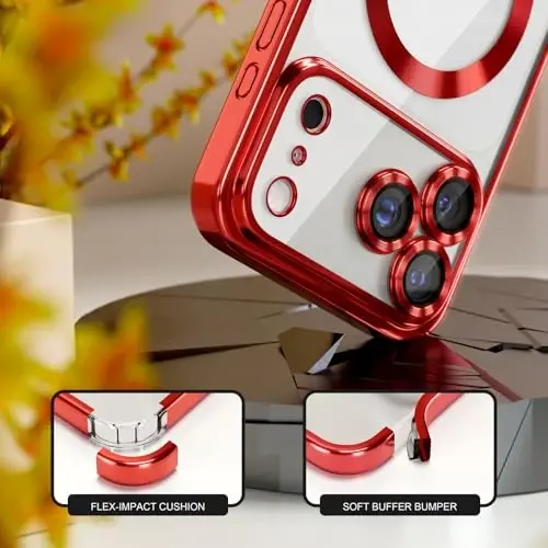 Misea Magnetic for iPhone 17 Pro Max Case Compatible MagSafe Red | [Never Yellowing] [Military Drop Protection] Full Camera Lens Protector Plating Soft Clear Phone Case for Women, Red - 4