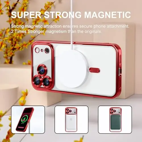 Misea Magnetic for iPhone 17 Pro Max Case Compatible MagSafe Red | [Never Yellowing] [Military Drop Protection] Full Camera Lens Protector Plating Soft Clear Phone Case for Women, Red - 5
