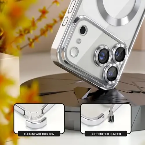 Misea Magnetic for iPhone 17 Pro Max Case Compatible MagSafe Silver | [Never Yellowing] [Military Drop Protection] Full Camera Lens Protector Plating Soft Clear Phone Case for Women, Silver - 4