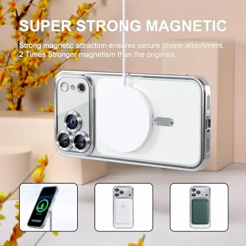 Misea Magnetic for iPhone 17 Pro Max Case Compatible MagSafe Silver | [Never Yellowing] [Military Drop Protection] Full Camera Lens Protector Plating Soft Clear Phone Case for Women, Silver - 5