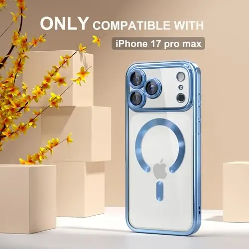 Misea Magnetic for iPhone 17 Pro Max Case Compatible with MagSafe [Never Yellowing] [Military Grade Drop Protection] Full Camera Lens Protector Plating Soft Clear Phone Case for Women, Sky Blue - 2