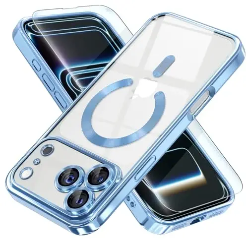 Misea Magnetic for iPhone 17 Pro Max Case Compatible with MagSafe [Never Yellowing] [Military Grade Drop Protection] Full Camera Lens Protector Plating Soft Clear Phone Case for Women, Sky Blue 