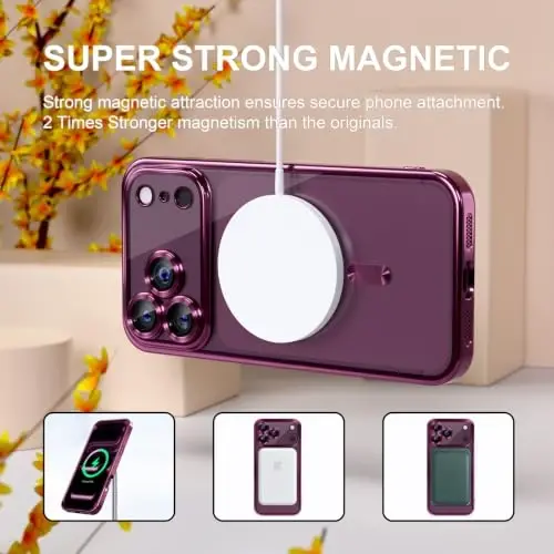Misea Magnetic for iPhone 18 Pro /17 Pro Case Compatible with MagSafe | [Never Yellowing] [Military Drop Protection] Full Camera Lens Protector Plating Soft Clear Phone Case for Women, Burgundy - 5