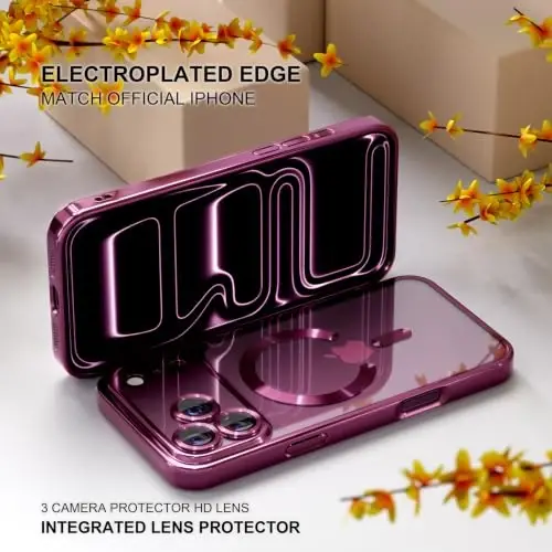 Misea Magnetic for iPhone 18 Pro /17 Pro Case Compatible with MagSafe | [Never Yellowing] [Military Drop Protection] Full Camera Lens Protector Plating Soft Clear Phone Case for Women, Burgundy - 6