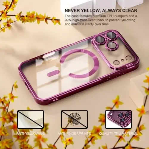 Misea Magnetic for iPhone 18 Pro Max /17 Pro Max Case Compatible MagSafe | [Never Yellowing] [Military Drop Protection] Full Camera Lens Protector Plating Soft Clear Phone Case for Women, Burgundy - 3