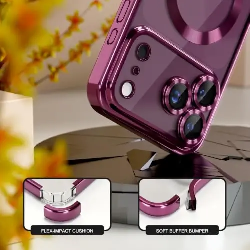 Misea Magnetic for iPhone 18 Pro Max /17 Pro Max Case Compatible MagSafe | [Never Yellowing] [Military Drop Protection] Full Camera Lens Protector Plating Soft Clear Phone Case for Women, Burgundy - 4