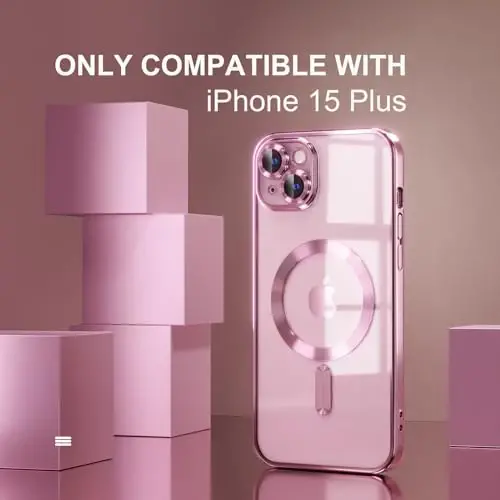 Misea Magnetic iPhone 15 Plus Case, MagSafe Compatible [Never Yellowing] [Military Grade Drop Protection] Full Camera Lens Protector Plating Soft Clear Phone Case for Women Girls, Pink - 2