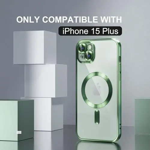 Misea Magnetic iPhone 15 Plus uchun g'ilof MagSafe bilan mos [Hech qachon sarg'aymaydi] [Harbiy darajadagi tushishdan himoya] To'liq kamera linzalari himoyachisi Plitalangan yumshoq shaffof ayollar uchun telefon g'ilofi, yashil - MISEA (1)