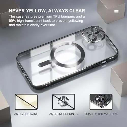 Misea Magnetic iPhone 15 Plus uchun g'ilof MagSafe bilan mos keladi [Hech qachon sarg'aymaydi] [Harbiy darajadagi tushishdan himoya] To'liq kamera linzalari himoyachisi Qoplama Yumshoq shaffof ayollar uchun telefon g'ilofi, qora - 3