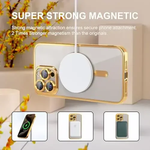 Misea Magnetic iPhone 15 Pro Max Case with MagSafe [Never Yellowing] [Military Grade Drop Protection] Full Camera Lens Protector Plating Soft Clear Phone Case for Women Girls, Gold - 5