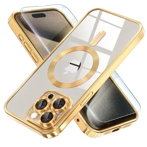 Misea Magnetic iPhone 15 Pro Max Case with MagSafe [Never Yellowing] [Military Grade Drop Protection] Full Camera Lens Protector Plating Soft Clear Phone Case for Women Girls, Gold 