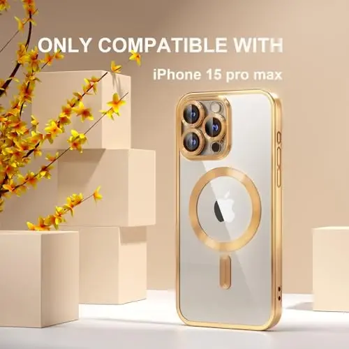Misea Magnetic iPhone 15 Pro Max Case with MagSafe [Never Yellowing] [Military Grade Drop Protection] Full Camera Lens Protector Plating Soft Clear Phone Case for Women Girls, Gold - MISEA (1)