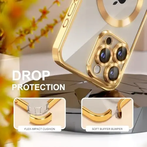 Misea Magnetic iPhone 15 Pro Max Case with MagSafe [Never Yellowing] [Military Grade Drop Protection] Full Camera Lens Protector Plating Soft Clear Phone Case for Women Girls, Gold - 4