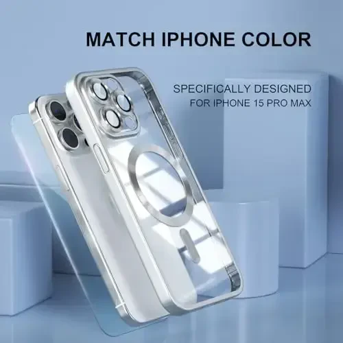Misea Magnetic iPhone 15 Pro Max uchun g'ilof [Hech qachon sarg'aymaydi] [Harbiy darajadagi tushishdan himoya] Ayollar qizlar uchun to'liq kamera linzalari himoyachisi yumshoq tiniq telefon g'ilofi, Titanium Silver - 7