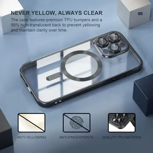 Misea Magnetic iPhone 15 Pro Max uchun g'ilof [Hech qachon sarg'aymaydi] [Harbiy darajadagi tushishdan himoya] To'liq kamera linzalari himoyachisi Ayollar qizlar uchun yumshoq shaffof telefon g'ilofi, Titan qora - 3