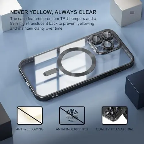 Misea Magnetic iPhone 15 Pro Max uchun g'ilof [Hech qachon sarg'aymaydi] [Harbiy darajadagi tushishdan himoya] To'liq kamera linzalari himoyachisi Ayollar qizlar uchun yumshoq shaffof telefon g'ilofi, Titan qora - 3