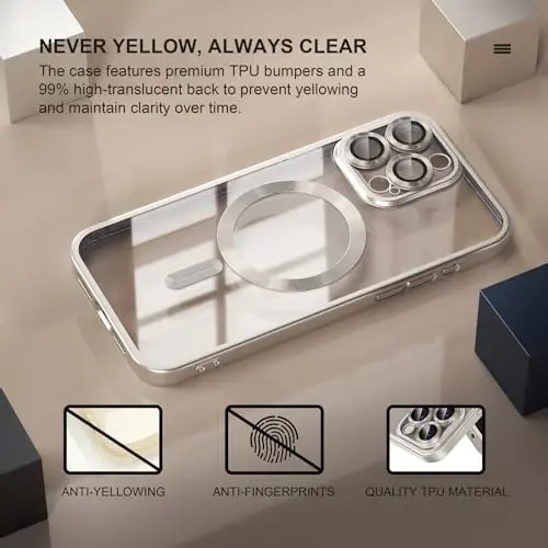 Misea Magnetic for iPhone 15 Pro Max Case [Never Yellowing] [Military Grade Drop Protection] Full Camera Lens Protector Soft Clear Phone Case for Women Girls, Titanium Natural - 3