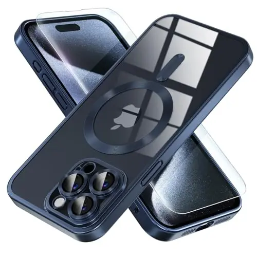 Misea Magnetic iPhone 15 Pro Max uchun g'ilof [Hech qachon sarg'aymaydi] [Harbiy darajadagi tushishdan himoya] To'liq kamera linzalari himoyachisi Ayollar qizlar uchun yumshoq tiniq telefon g'ilofi, Titanium Blue 