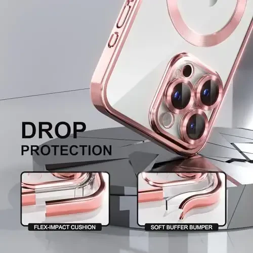 Misea Magnetic iPhone 15 Pro Max uchun MagSafe bilan [Hech qachon sarg'aymaydi] [Harbiy darajadagi tushishdan himoya] To'liq kamera linzalari himoyasi Plitalangan yumshoq shaffof telefon g'ilofi ayollar qizlar uchun, pushti - 4