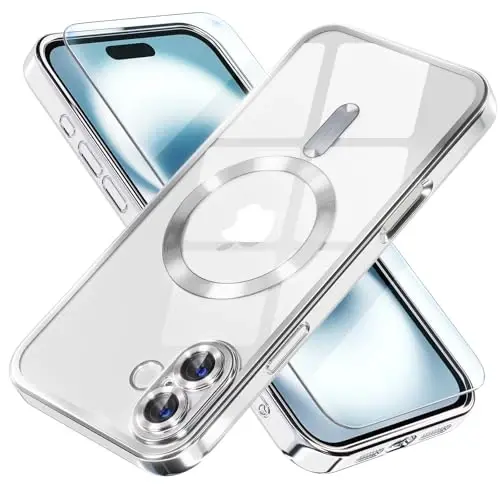 Misea Magnetic for iPhone 16 Case Compatible with MagSafe [Never Yellowing] [Military Grade Drop Protection] Full Camera Lens Protector Plating Soft Clear Phone Case for Women 6.1 inch, Silver - 1