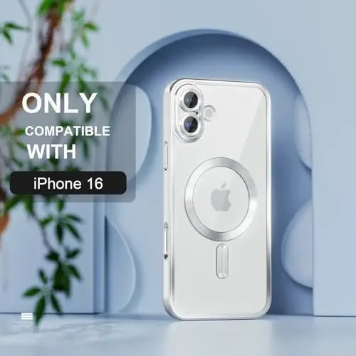 Misea Magnetic for iPhone 16 Case Compatible with MagSafe [Never Yellowing] [Military Grade Drop Protection] Full Camera Lens Protector Plating Soft Clear Phone Case for Women 6.1 inch, Silver - MISEA (1)