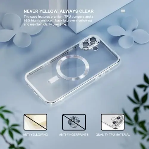 Misea Magnetic for iPhone 16 Case Compatible with MagSafe [Never Yellowing] [Military Grade Drop Protection] Full Camera Lens Protector Plating Soft Clear Phone Case for Women 6.1 inch, Silver - 3