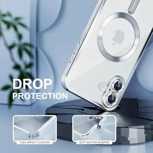 Misea Magnetic for iPhone 16 Case Compatible with MagSafe [Never Yellowing] [Military Grade Drop Protection] Full Camera Lens Protector Plating Soft Clear Phone Case for Women 6.1 inch, Silver - 4