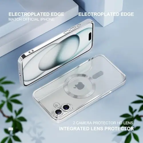 Misea Magnetic for iPhone 16 Case Compatible with MagSafe [Never Yellowing] [Military Grade Drop Protection] Full Camera Lens Protector Plating Soft Clear Phone Case for Women 6.1 inch, Silver - 6