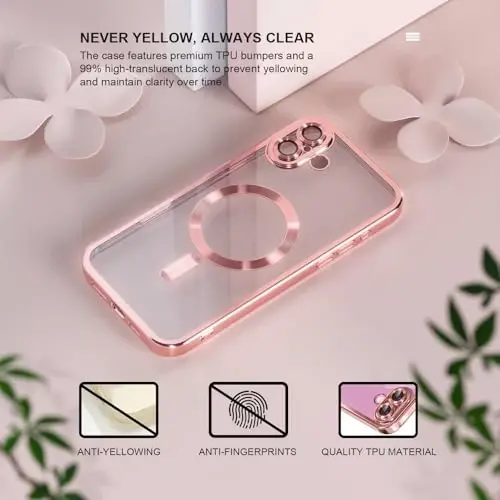Misea Magnetic iPhone 16 Plus uchun g'ilof MagSafe bilan mos [Hech qachon sarg'aymaydi] [Harbiy standartdagi zarbadan himoya] To'liq kamera linzalari himoyasi Yumshoq shaffof telefon g'ilofi ayollar uchun 6.7