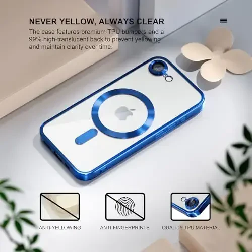 Misea Magnetic for iPhone 16e Case Compatible with MagSafe [Never Yellowing] [Military Grade Drop Protection] Full Camera Lens Protector Plating Soft Clear Phone Case for Women 6.1 inch, Deep Blue - 3
